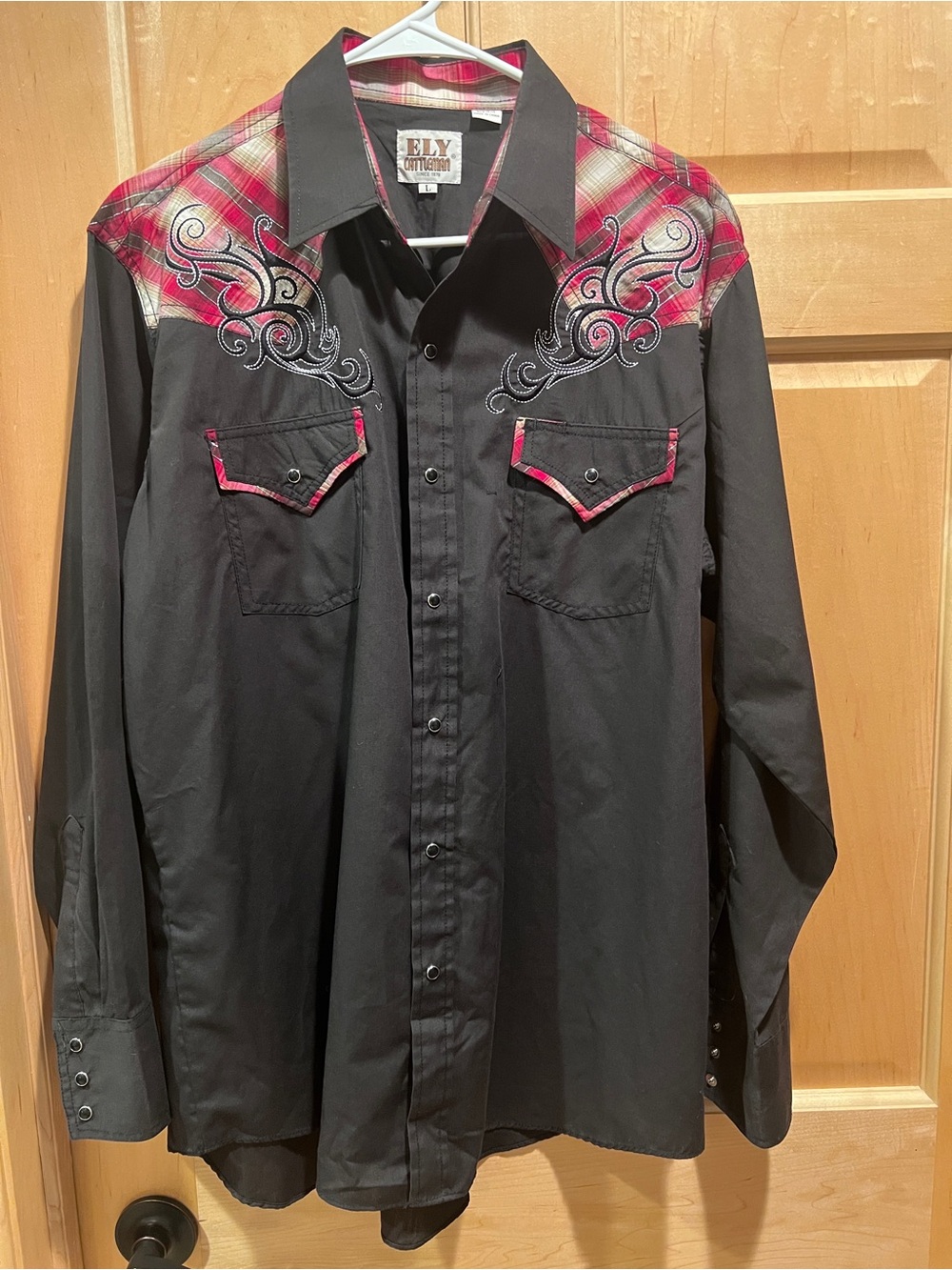 Ely Cattleman Black Western Shirt Red Plaid Yoke Pearl Snaps Country Cowboy L